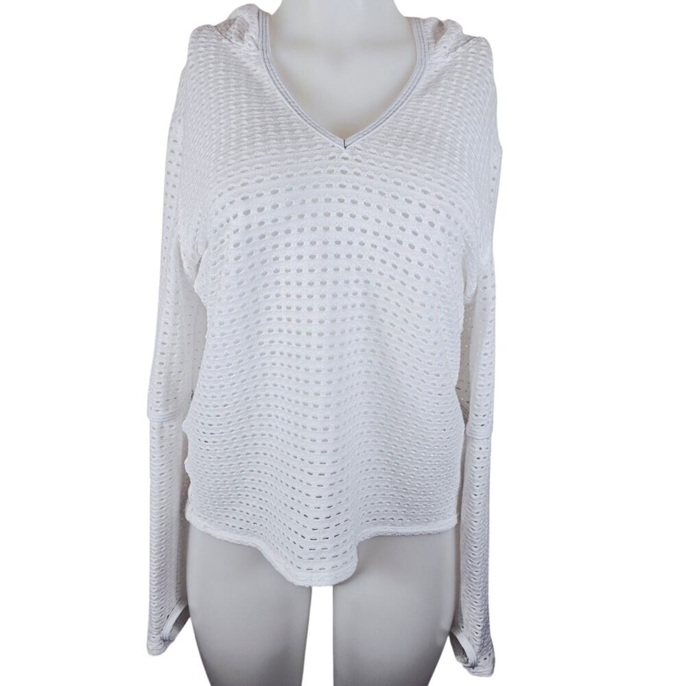 Trina Turk Recreation Hooded Perforated Athletic Athleisure Long Sleeve Top L